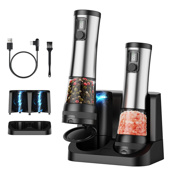 GVODE Elektrische Salz und Pfeffermühle Set, 800mAh Gewürzmühle Elektrisch mit USB Ladung, Edelstahl