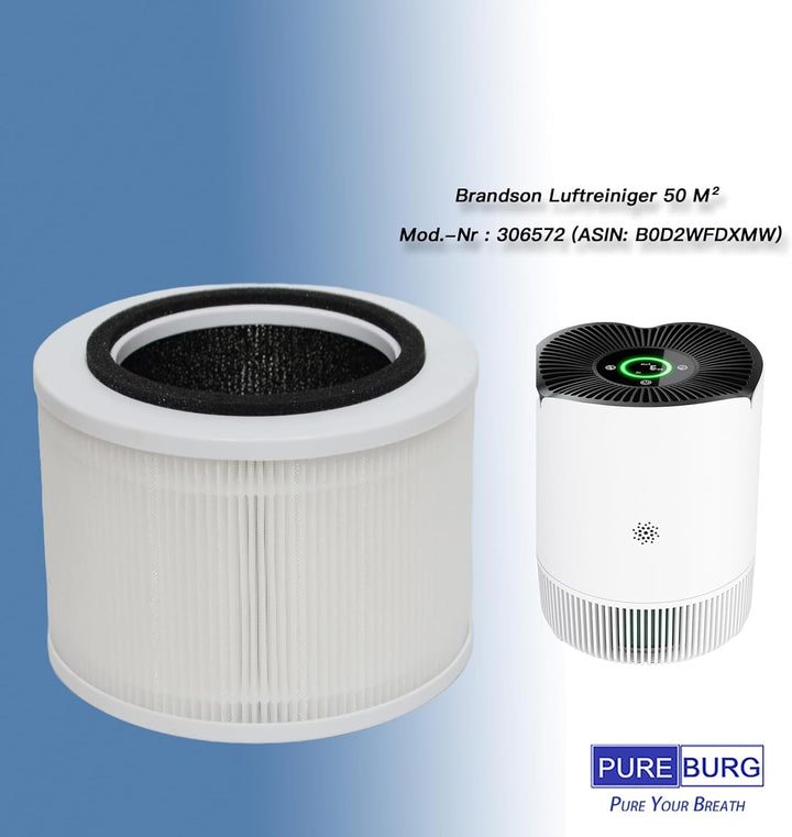 PUREBURG Ersatzfilter kompatibel mit Brandson 306572 Luftreiniger 50 M², 2er-Pack H13 HEPA Aktivkohl