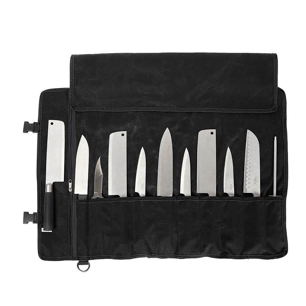 QEES Kochmesser Rolltasche 11 Slots, Messertasche für Camping, Wandern, Multifunktions-Werkzeugrollt
