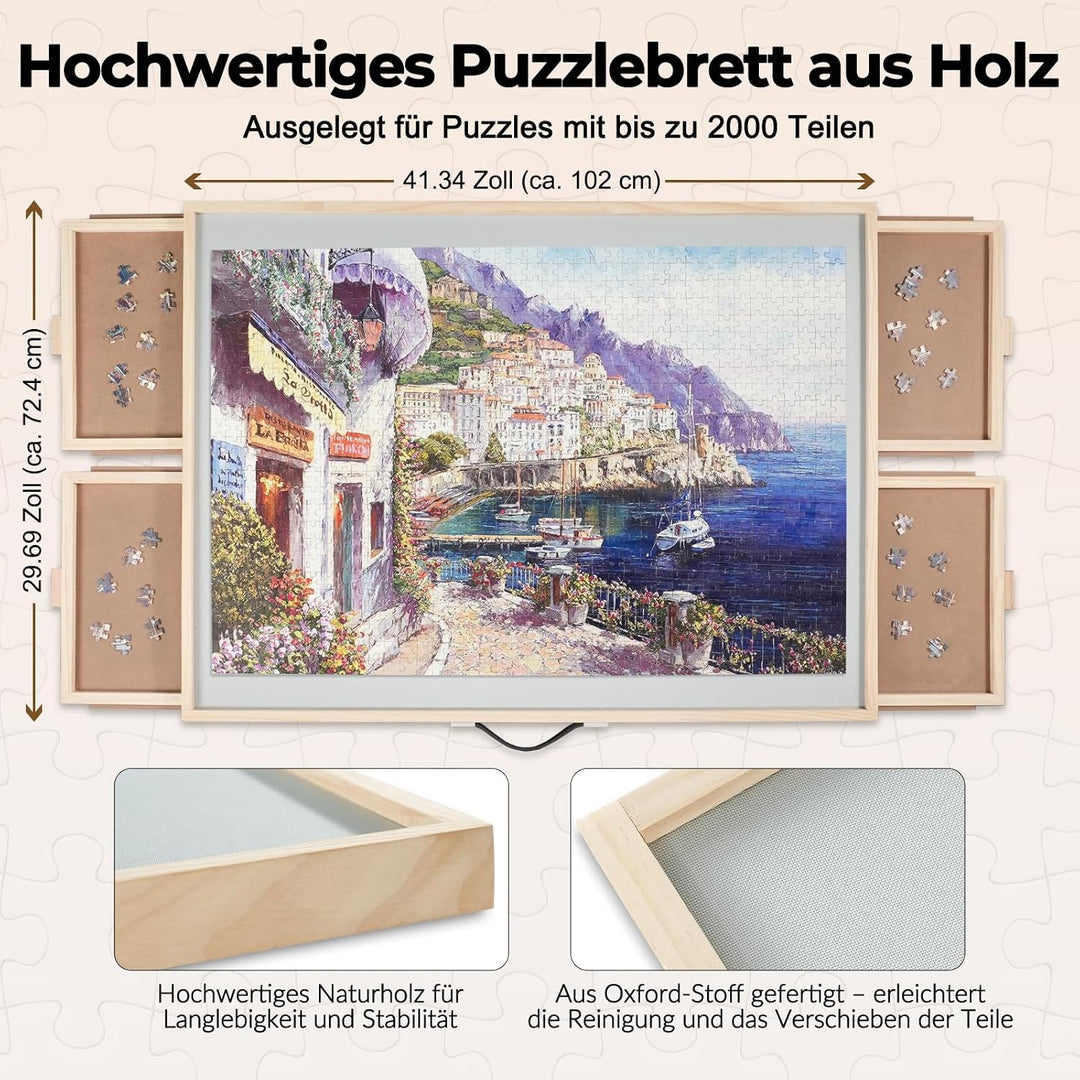 2-in-1 Kipp- und Drehpuzzle-Brett als Geschenk für Erwachsene – Holz-Puzzle-Tisch mit 4 Schubladen (