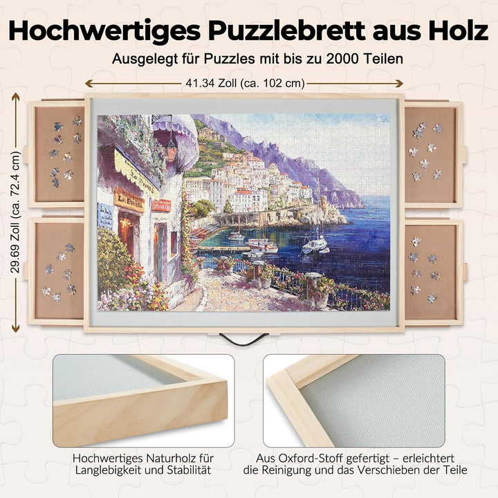2-in-1 Kipp- und Drehpuzzle-Brett als Geschenk für Erwachsene – Holz-Puzzle-Tisch mit 4 Schubladen (