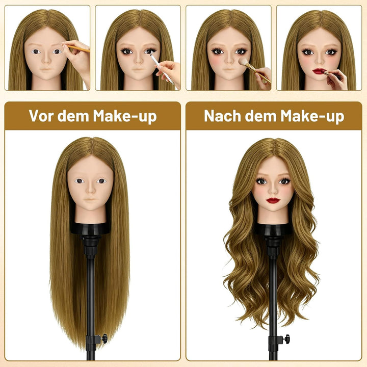 TwoWin Friseurkopf mit Haaren, 24 Zoll (61 cm) 80% Echthaar Mannequin Kopf, Make-up Übungskopf, Trai
