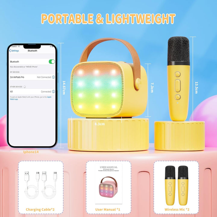 Karaoke Maschine Kinder Mini Karaoke Maschine mit 2 Mikrofonen Bluetooth-Lautsprecher mit LED-Lichte