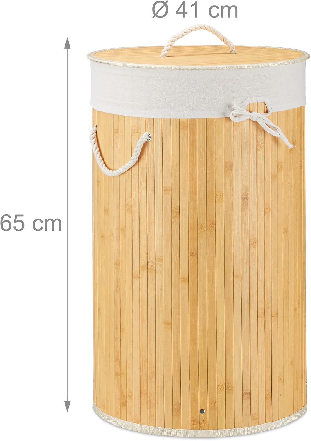 Relaxdays Wäschekorb Bambus, Faltbare Wäschetonne mit Deckel, Volumen 70l, Wäschesack Baumwolle, run