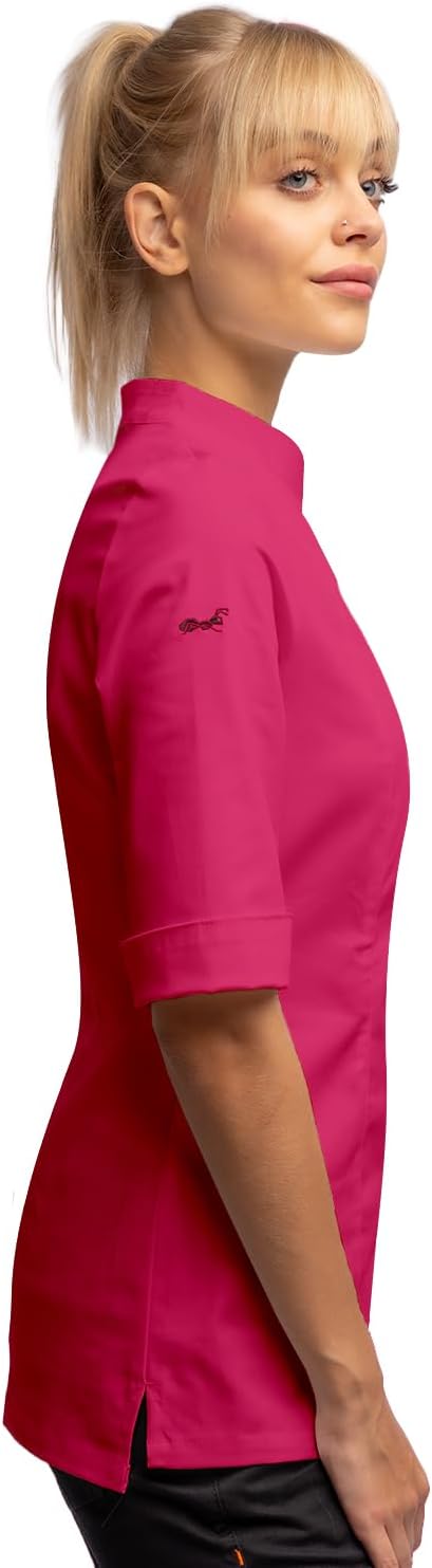 strongAnt Kochjacke Damen kurzarm Stretch mit Druckknöpfen oder Reissverschluss Kochuniform XS Pink