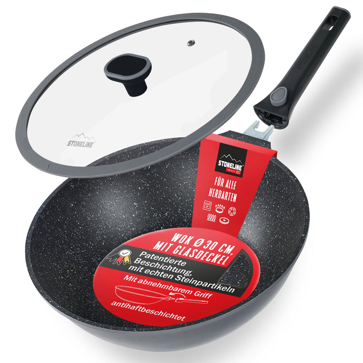 Stoneline Imagination Plus Wok 30 cm, mit Glasdeckel und abnehmbarem 3-Stufen-Sicherheitsgriff, Wokp