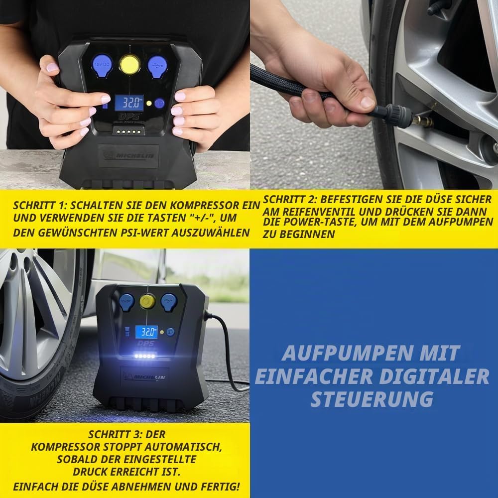 MICHELIN 62003 Luftkompressor 12v fürs Auto | Programmierbar und Digital | Reifendruck Luft Kompress