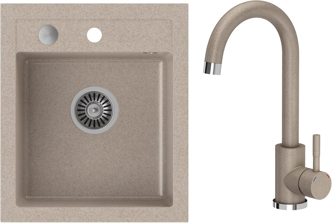 VBChome Spülbecken mit Armatur 43 x 50 cm Beige Granit Einzelbecken Einbauspüle gesprenkelt reversib