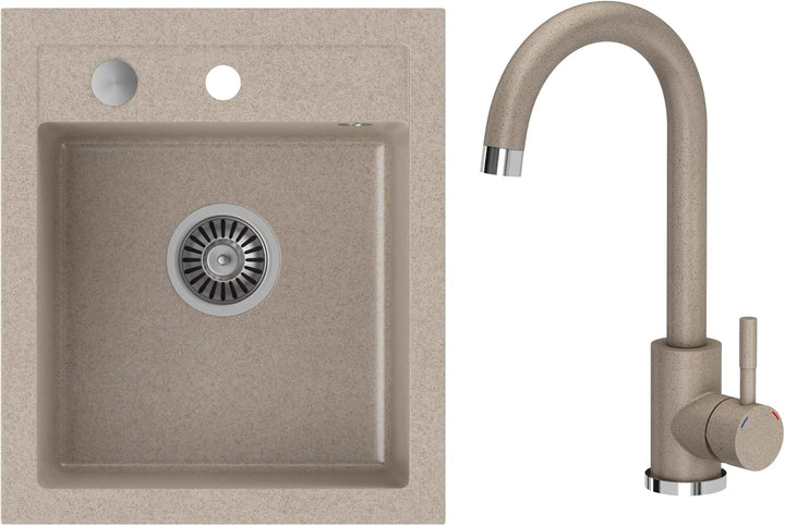 VBChome Spülbecken mit Armatur 43 x 50 cm Beige Granit Einzelbecken Einbauspüle gesprenkelt reversib