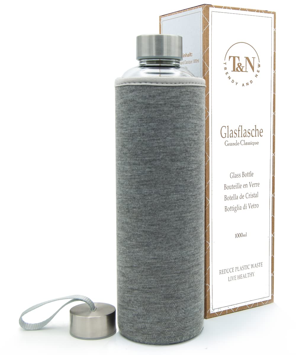 T&N Glasflasche 1 Liter / 750ml / 500ml – Trinkflasche Glas 1l mit Neoprenhülle – Wasserflasche Ausl
