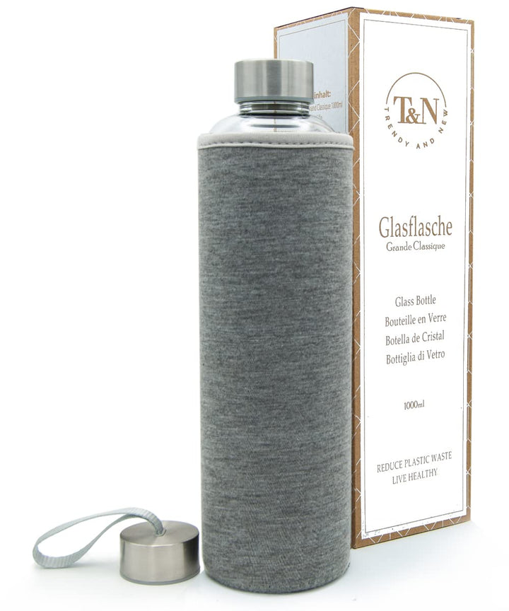 T&N Glasflasche 1 Liter / 750ml / 500ml – Trinkflasche Glas 1l mit Neoprenhülle – Wasserflasche Ausl