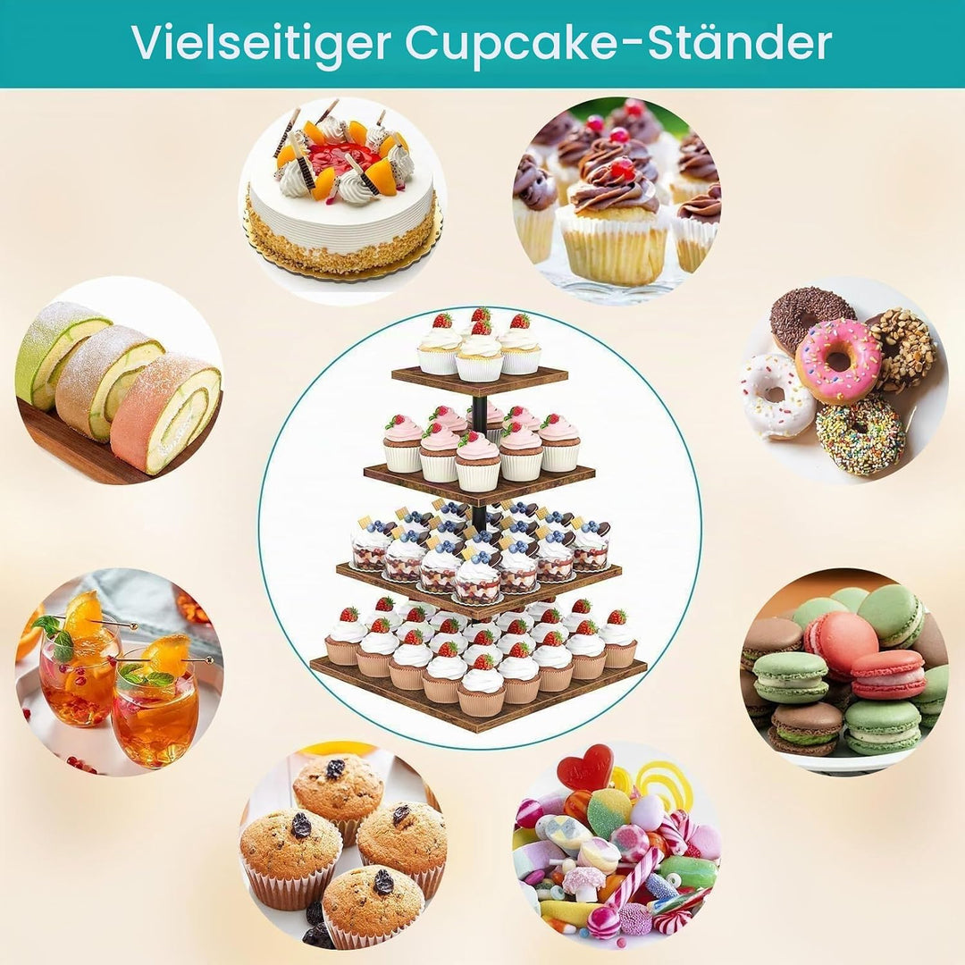4-stöckige Etagere Holz Tortenständer | Cupcake Ständer & Servierständer für Desserts, Gebäck & Obst