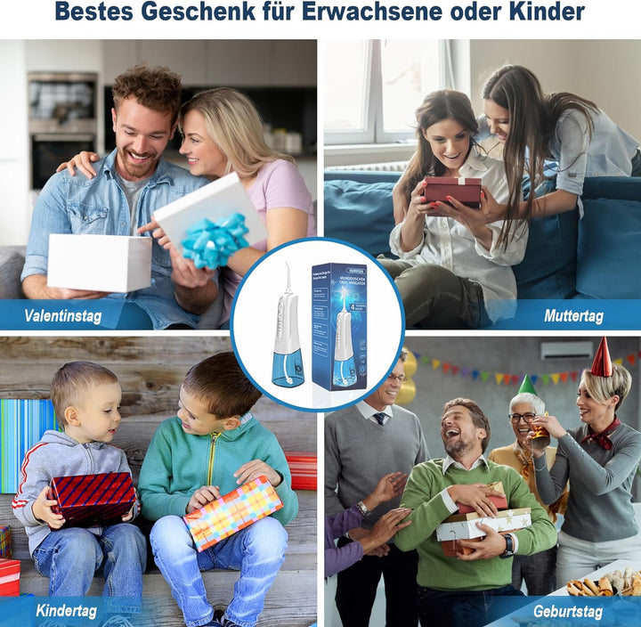 SURFOU Munddusche Kabellos Weihnachten Geschenke Mundduschen 300ML 4 Modi 6 Düsen, Mundduschen Reise