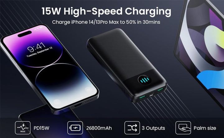 Power Bank, Powerbank 26800mAh USB C Externer Akku Input&Output 3.0A PD, 3 Ausgängen Schnelles Aufla
