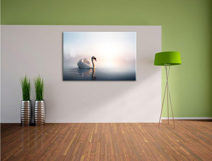 traumhafter weisser Schwan im See Format: 100x70 auf Leinwand, XXL riesige Bilder fertig gerahmt mit