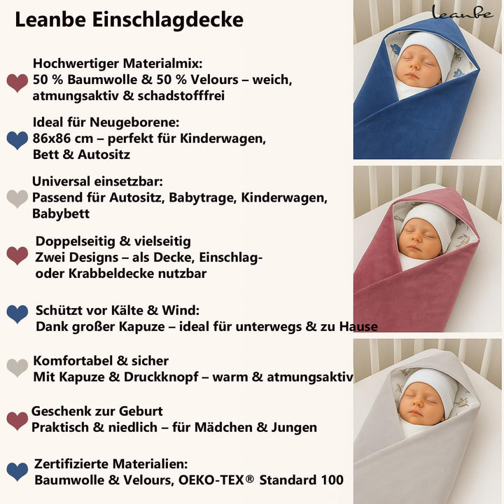 Baby Einschlagdecke Doppelseitig 86x86 cm Baumwolle-Velours für Kinderwagen und Babybett (Blau Velou