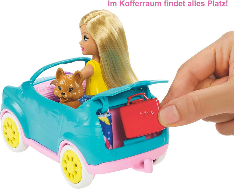 Barbie Chelsea Serie, Chelsea Auto und Camper Set mit 10+ Barbie Camping Accessoires, 1x Chelsea Pup