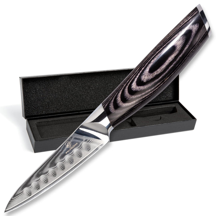Wolfblood PRO Damastmesser Damast Küchenmesser S (19cm) TÜV geprüfter 62 HRC Damaststahl aus 67 Lage