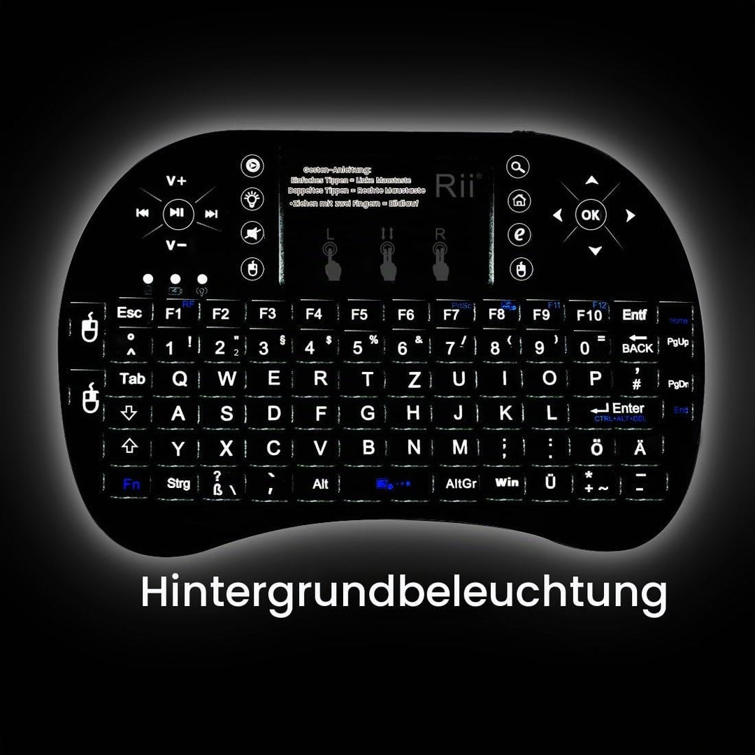 Rii Mini i8+ Wireless (QWERTZ) - Mini Beleuchtete Tastatur mit Multi-Touch Maus-Pad für Smart TV, Mi