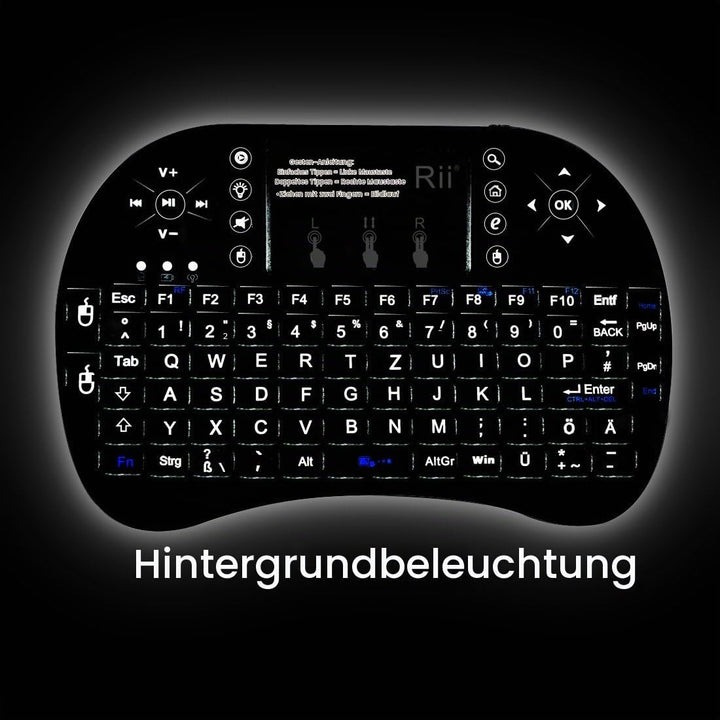 Rii Mini i8+ Wireless (QWERTZ) - Mini Beleuchtete Tastatur mit Multi-Touch Maus-Pad für Smart TV, Mi
