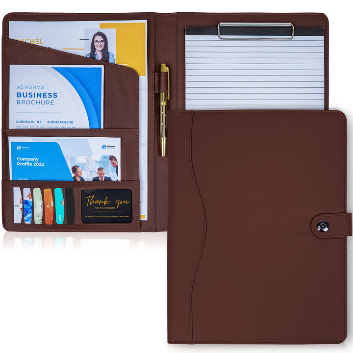AMKSONS Schreibmappe A4 in Braun inklusive Klemmbrett & DIN A4 Notizblock - Premium Konferenzmappe a