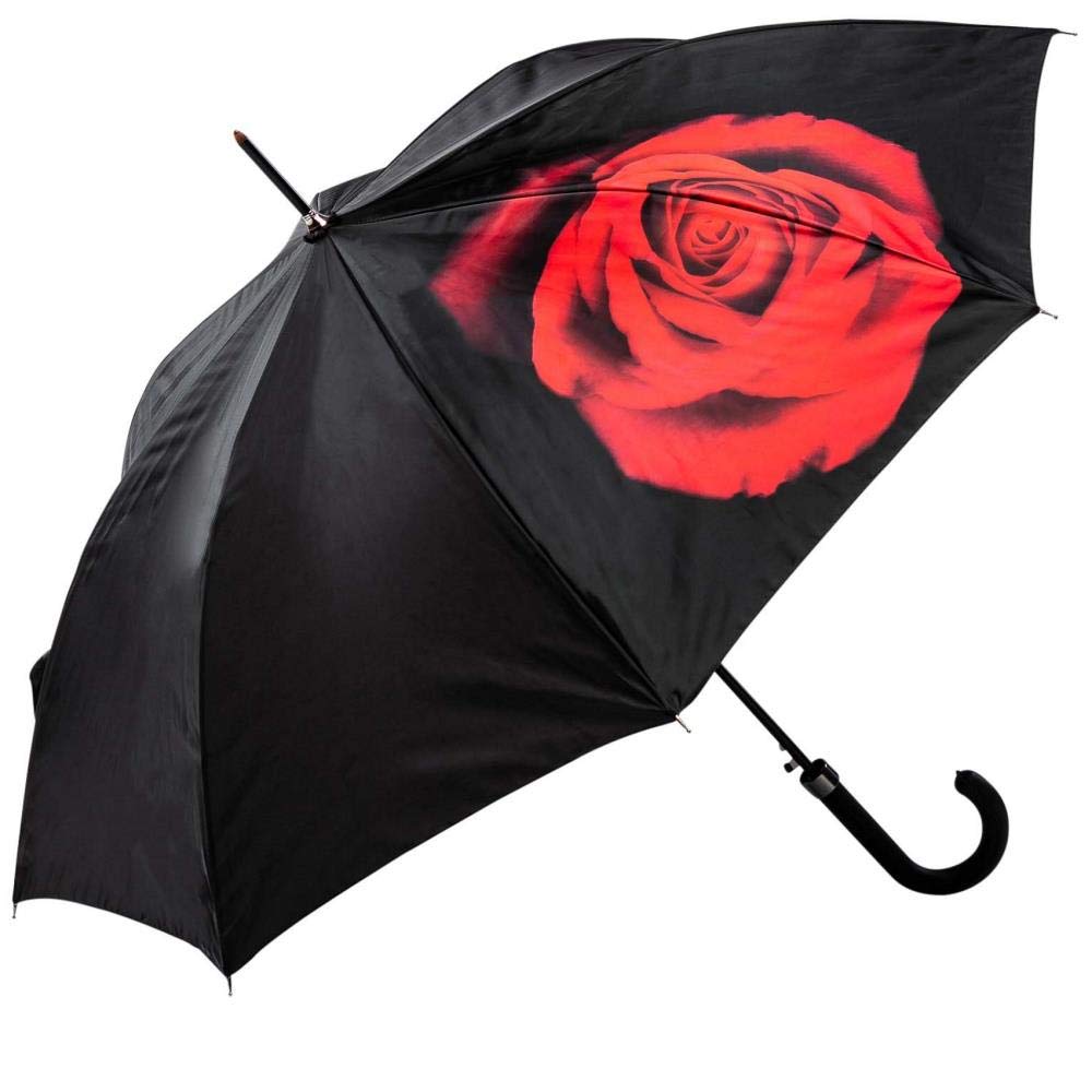 LUCKYWEATHER Regenschirm Stockschirm Damen Motiv Red Rose on Black Auf-Automatik I Stockregenschirm