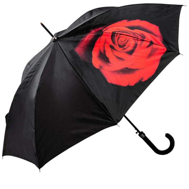 LUCKYWEATHER Regenschirm Stockschirm Damen Motiv Red Rose on Black Auf-Automatik I Stockregenschirm