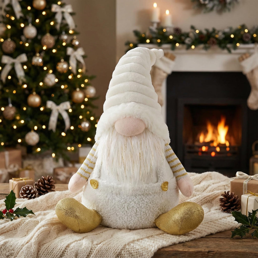 Valery Madelyn Weihnachtswichtel für Weihnachtsdeko,23cm Weihnachtsgnom Weiss Gold,Biegsamer Hut,Dek