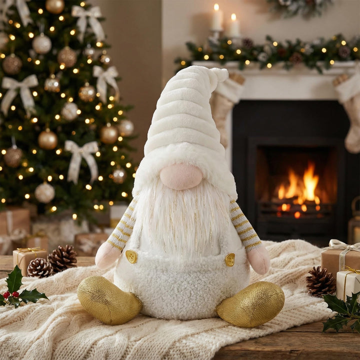Valery Madelyn Weihnachtswichtel für Weihnachtsdeko,23cm Weihnachtsgnom Weiss Gold,Biegsamer Hut,Dek