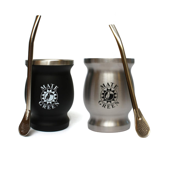 Yerba Mate-Tee Set fur Zwei Edestahl Termomate Becher Schwarz und Silver | Bombilla Stohhalm fur mat