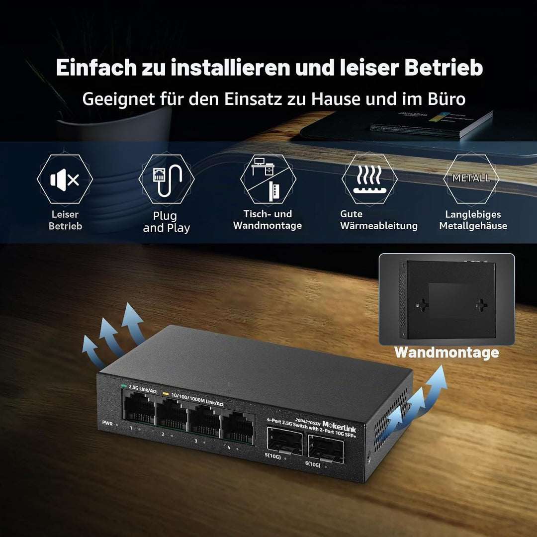 MokerLink 4 Port 2.5G Ethernet Switch mit 2x10G SFP+ Slot, 4x2.5G RJ45 Ports kompatibel mit 100/1000
