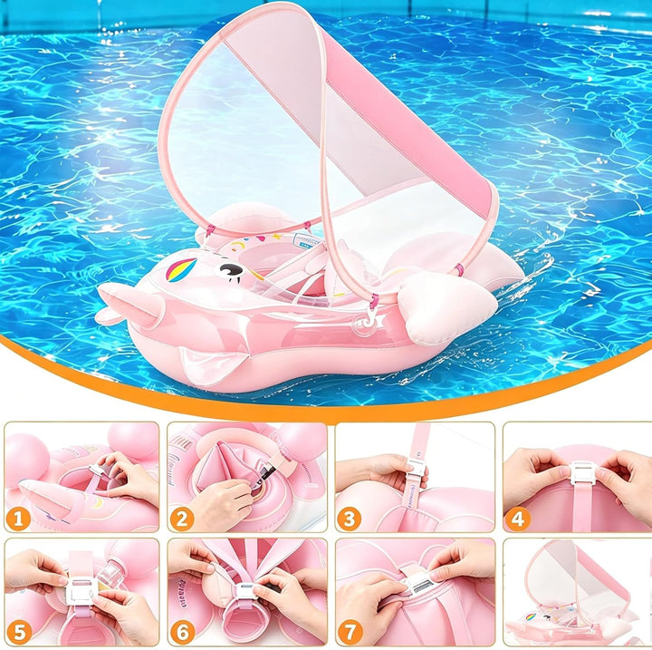 Schwimmring Baby mit Sonnendach Entfernbar ab 3-24 Monate,Einhorn Hai Schwimmhilfe Schwimmreifen Bab