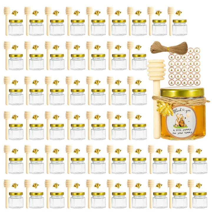 Youyijia 50er Set Mini Honiggläser, 1,5oz Hexagon-Glasflaschen mit Holz-Dipper, Goldener Deckel, Bie