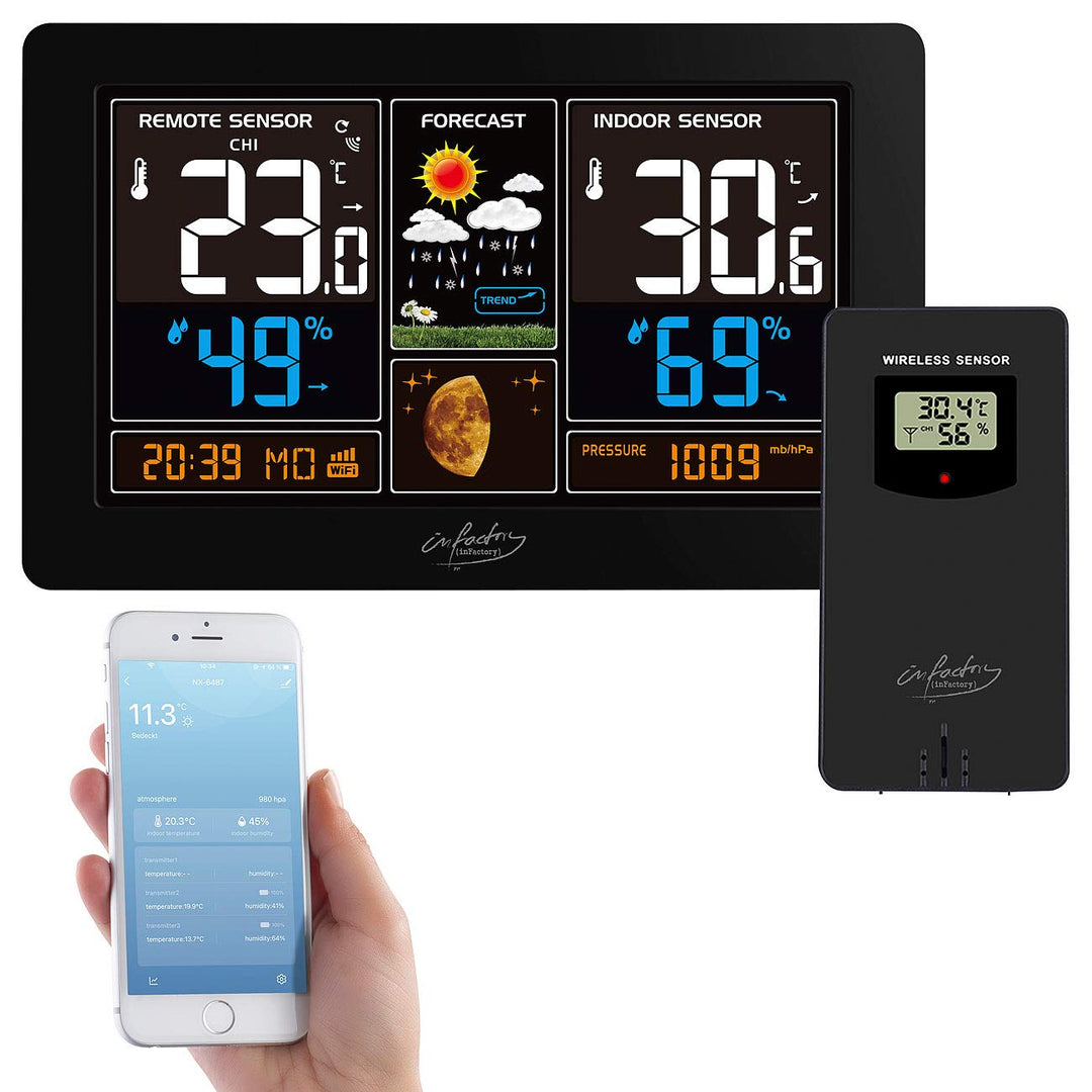infactory Smart Life Wetterstation: WLAN-Funk-Wetterstation mit Aussensensor, XL-Farbdisplay und App