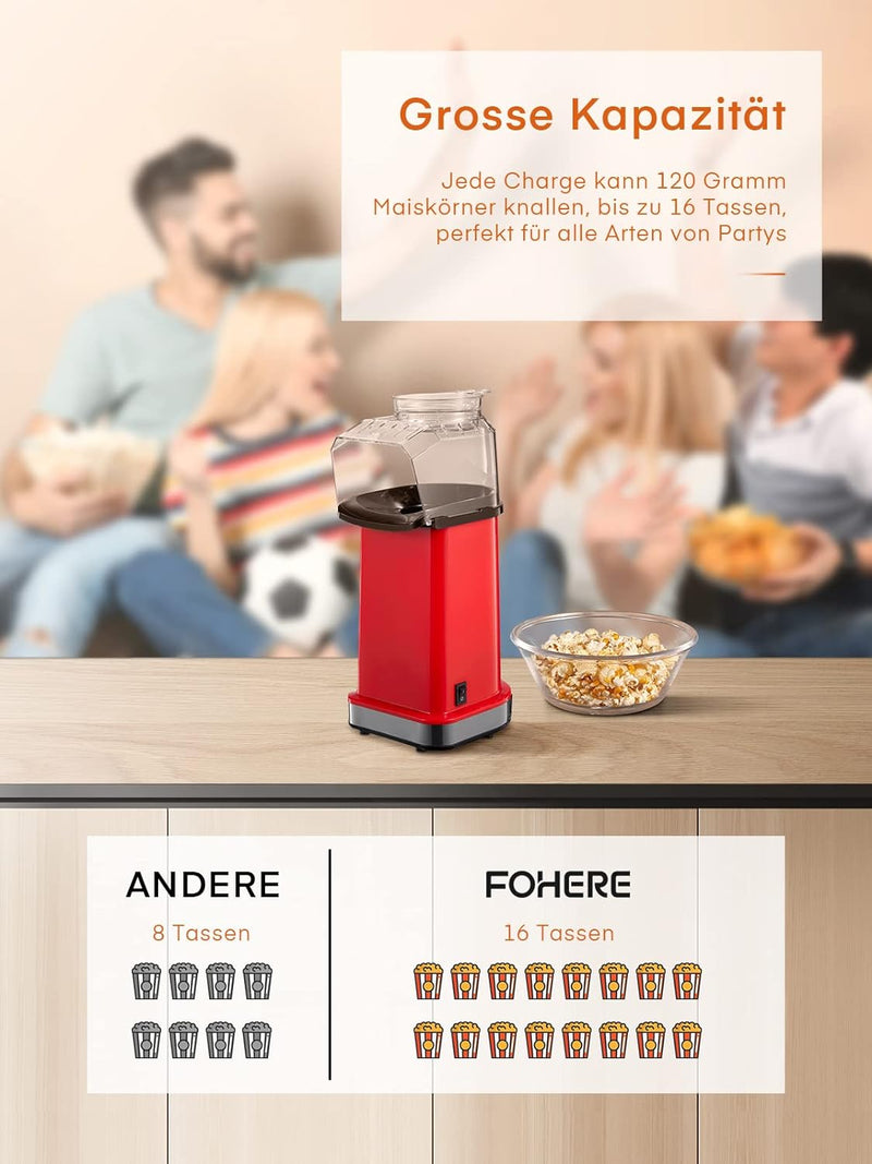 FOHERE® Popcornmaschine-1400W Süsses Popcorn Maker-Pops In 2 Minuten-17 Tassen-Für 4-6 Personen-Alum