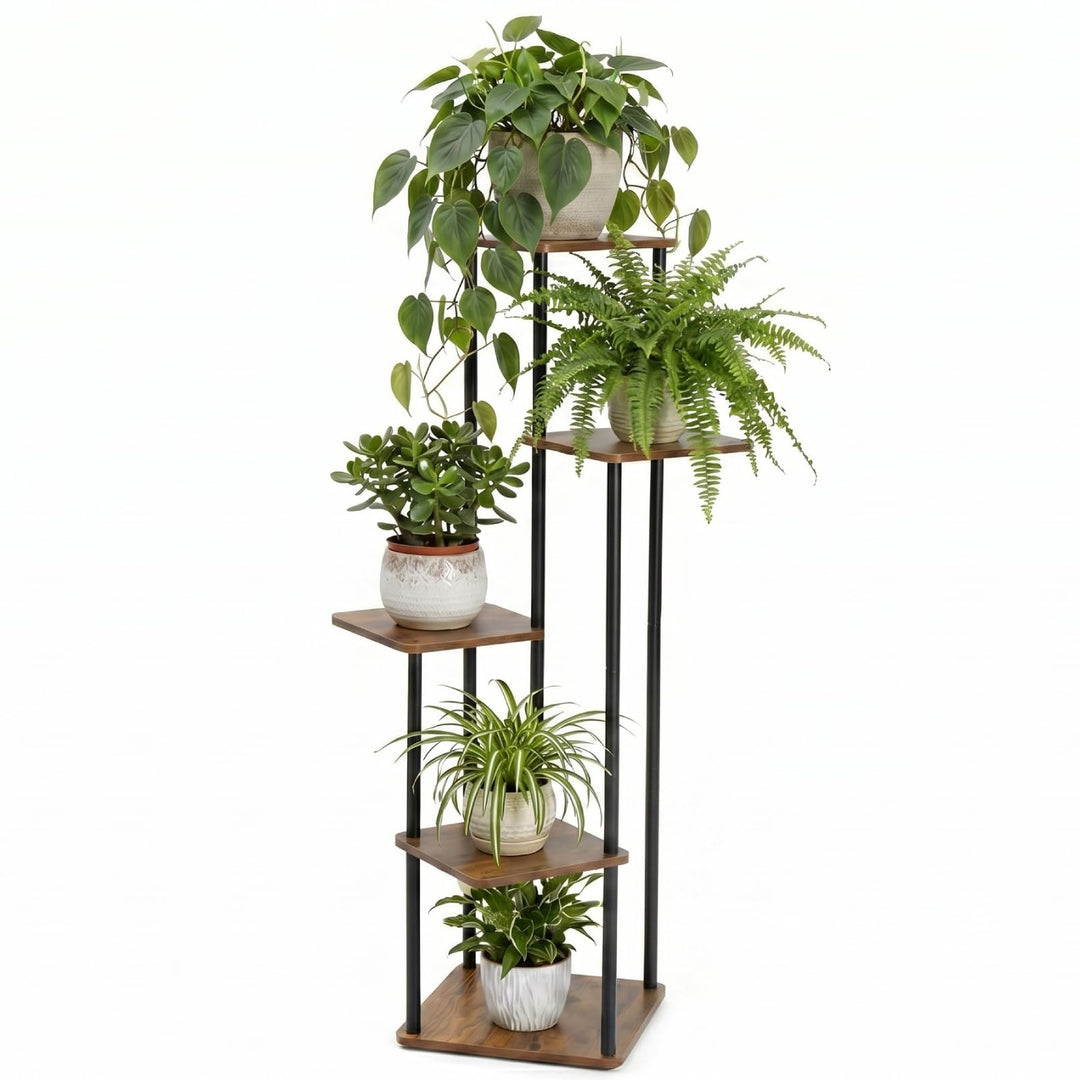 LEADZM 5 Etagen Pflanzenständer Blumenständer, Metall Holz Blumenhocker Blumentreppe Blumenregal, Bl