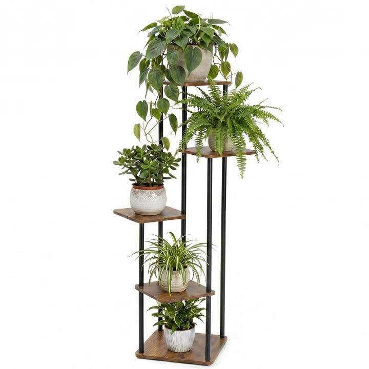 LEADZM 5 Etagen Pflanzenständer Blumenständer, Metall Holz Blumenhocker Blumentreppe Blumenregal, Bl