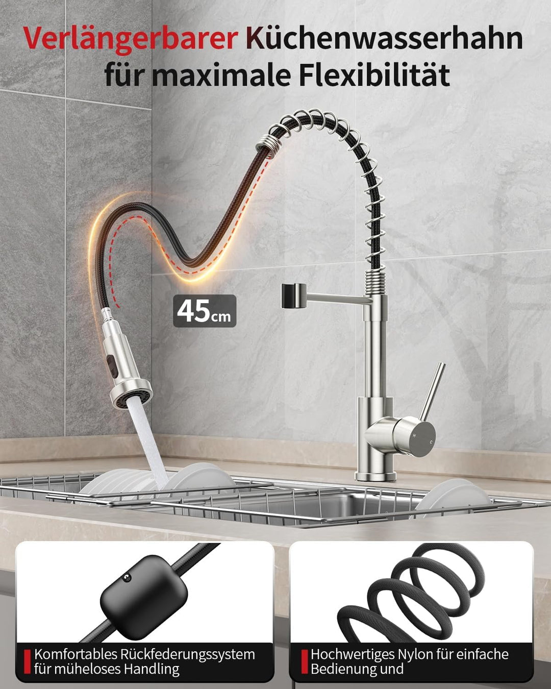 Rainsworth Wasserhahn Küche Edelstahl Herausziehbare - Zwei Wasserstrahlarten Hochdruck Küchenarmatu