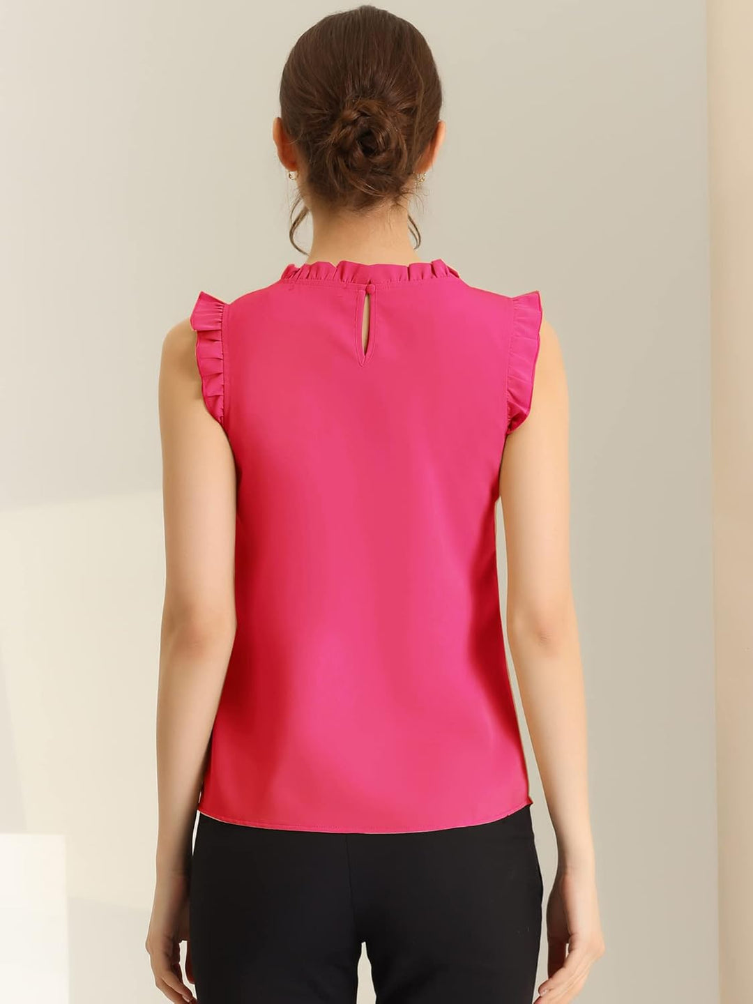 Allegra K Damen Plissee Oberteil Ärmellos Shirt Rundhals Elegante Rüschen Top Bluse L Rote, L Rote