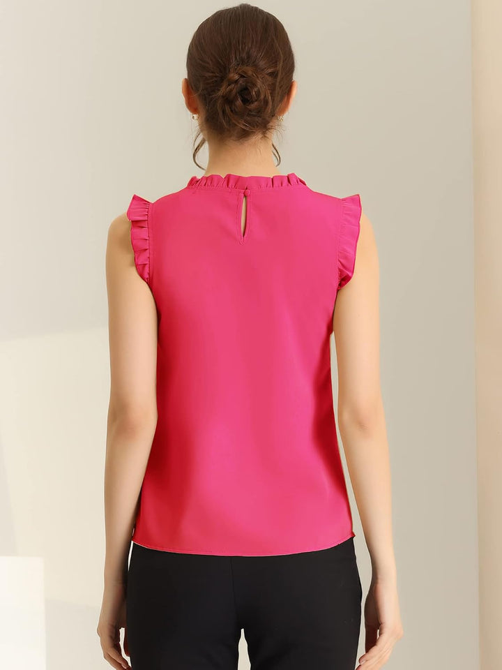 Allegra K Damen Plissee Oberteil Ärmellos Shirt Rundhals Elegante Rüschen Top Bluse XS Rosa, XS Rosa