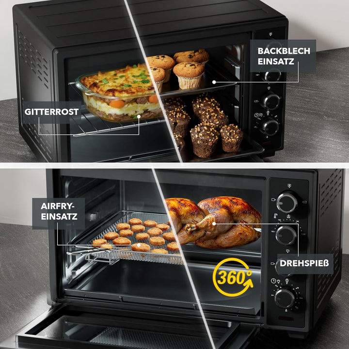 Heinrich´s Minibackofen mit Umluft 60L - Backofen klein mit Drehspiess, Airfryer-Einsatz inkl. Timer