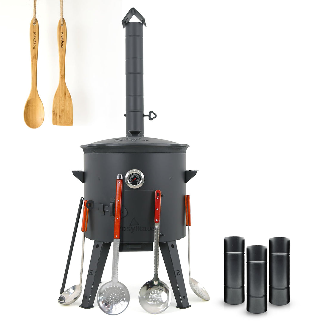Gusseisen Kazan 16 L Kasan Казан mit Feuerofen Utschak Ø 44 cm flacher Boden Verlängerungsrohr Schöp