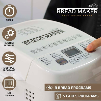 STARLYF Brotbackautomat Bread Maker, 14 Programme, 500,00 W, für 750g Brot, Timer, Joghurt, Marmelad