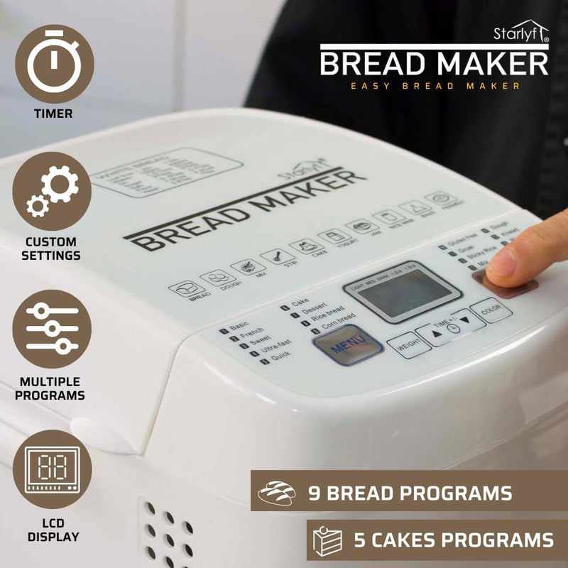 STARLYF Brotbackautomat Bread Maker, 14 Programme, 500,00 W, für 750g Brot, Timer, Joghurt, Marmelad
