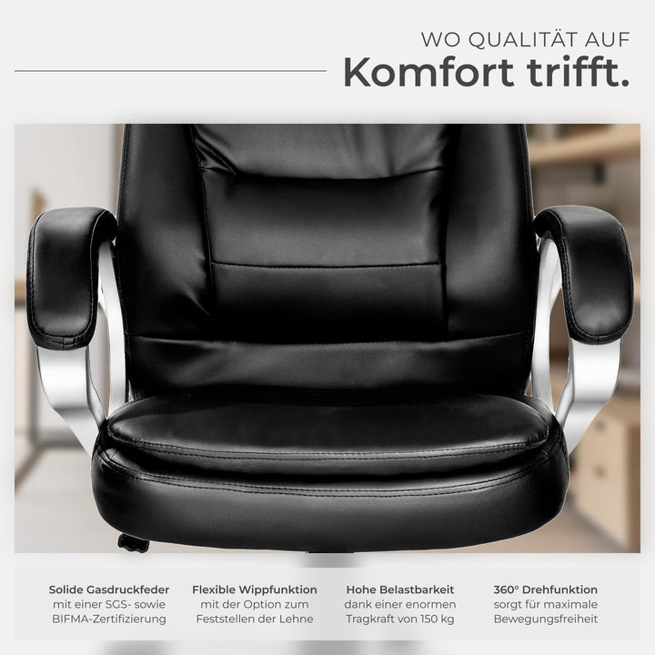 tectake Chefsessel, Bürostuhl ergonomisch, Drehstuhl mit Rollen, Gaming Stuhl, hohe Rückenlehne und