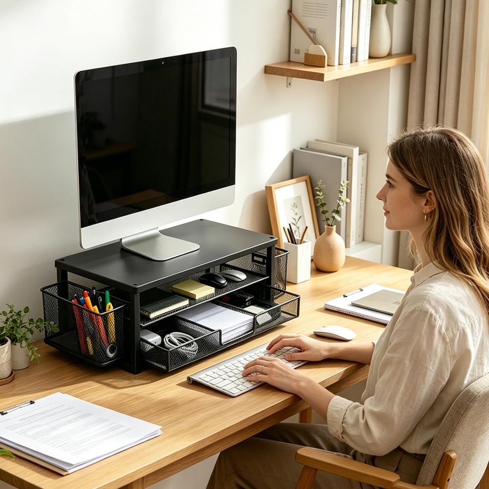Monitorständer, Monitor Erhöhung Schreibtisch mit Schublade und Stifthaltern, 2-stufiger ergonomisch