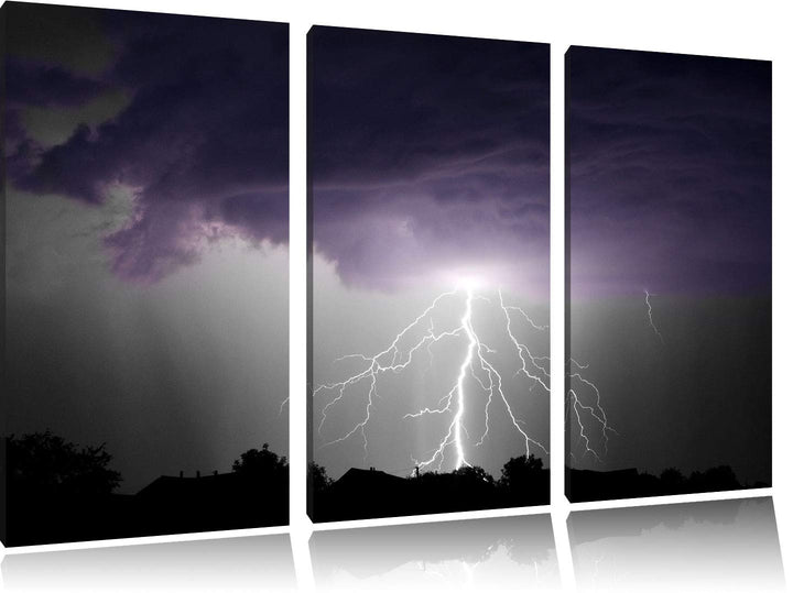 Pixxprint Gewitter über Häusern als Leinwandbild | Grösse: 3 Teilig (120x80) | Wandbild| Kunstdruck