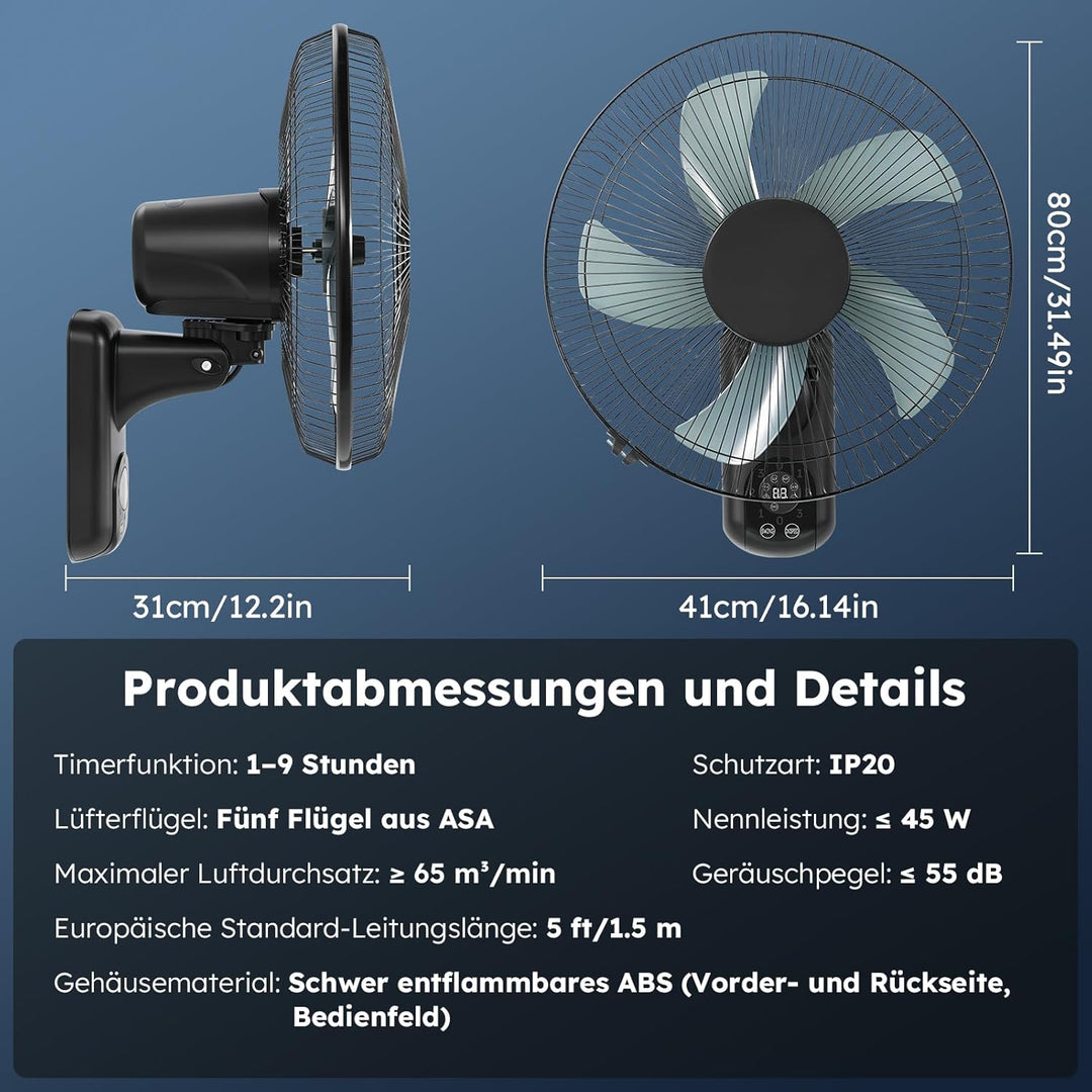 Wandventilator mit Fernbedienung, 40 cm Wand Ventilator mit 3 Geschwindigkeiten, Oszillation 90° & T