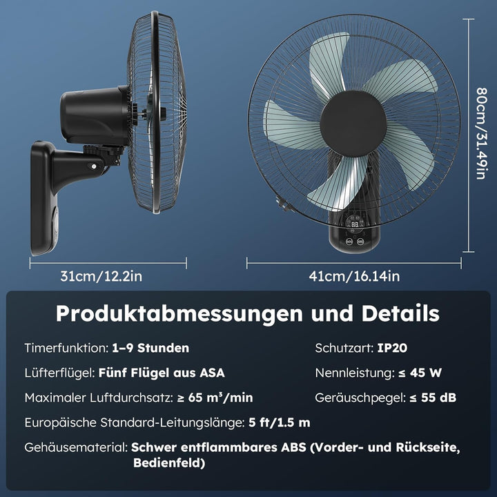 Wandventilator mit Fernbedienung, 40 cm Wand Ventilator mit 3 Geschwindigkeiten, Oszillation 90° & T
