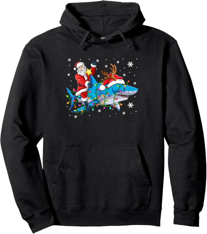 Santa Riding Reindeer Shark Xmas Lights Sea Animal Lover Pullover Hoodie